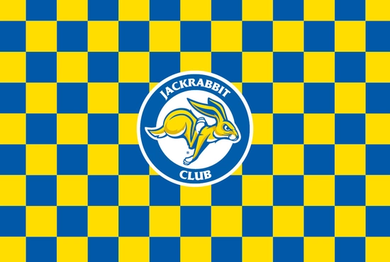Blue and yellow checkered pattern with the Jackrabbit Club logo on top of it.