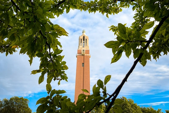 Coughlin Campanile framed by green leaves on a lovely blue-sky day.
