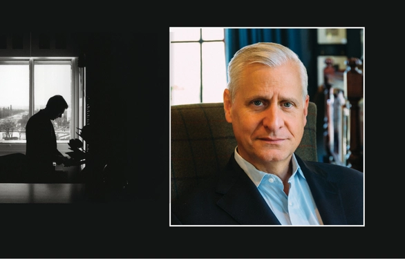 Dark silhouette image of Tom Daschle at a desk alongside a headshot of Jon Meacham.