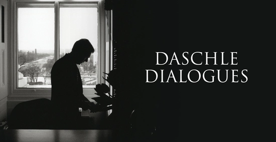 On the left side is a black and white silhouette of a man looking at a plant and on the right side is the words "Daschle Dialogues."