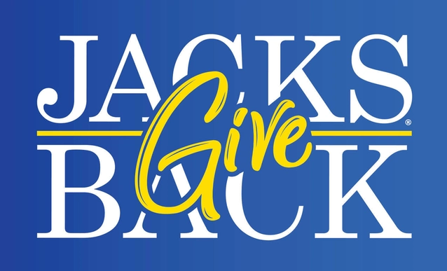Bold white text on a blue background reads "JACKS BACK," with "Give" in yellow cursive overlaying the center.
