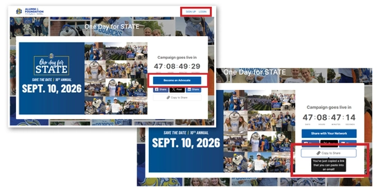 Homepage of the One Day for STATE countdown page showcasing where to find a unique URL.