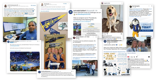 Collage of sample social media posts showcasing One Day for STATE and Jackrabbit pride.