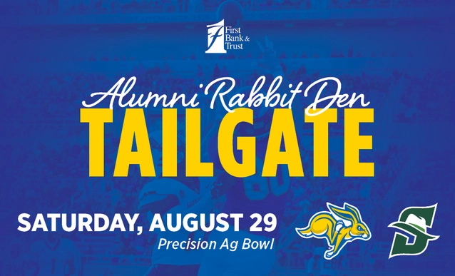 Promotional graphic for Alumni Rabbit Den Tailgate on Saturday, August 29, featuring Precision Ag Bowl text and opposing team logos.