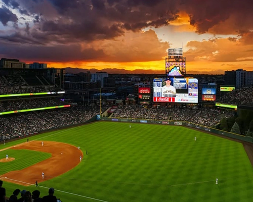 A beautiful sunset over Coors Field Stadium during a Rockies baseball game.