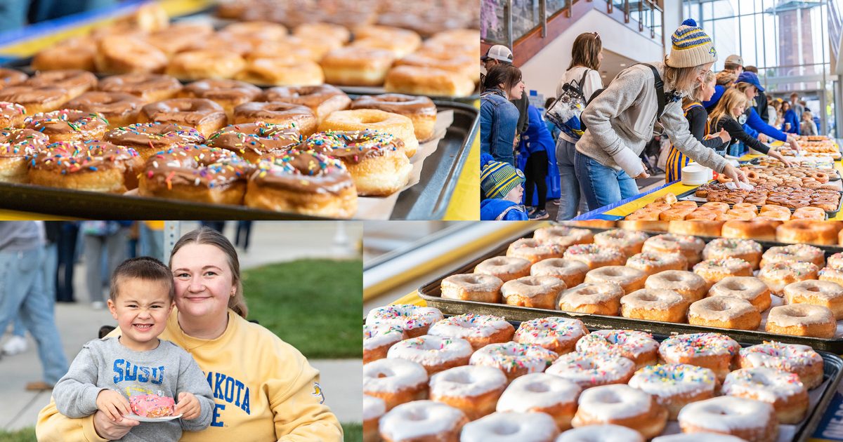 Photo collage of donuts and Jackrabbit friends and family enjoying donuts from last year's Hobo Day event.