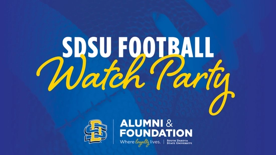 Blue SDSU Football Watch Party graphic with bold white and yellow lettering, plus the South Dakota State Alumni & Foundation logo.