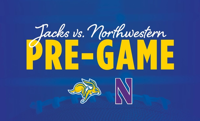 Blue graphic with the words "Jacks vs Northwestern Pre-Game" with the Jackrabbit and Northwestern logos.