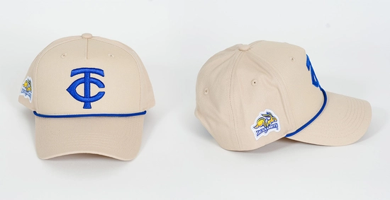 A baseball cap with the Minnesota Twins' logo and the SDSU Jackrabbits' logo.