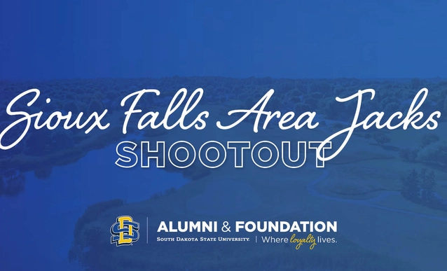 A blue event background with white text reading "Sioux Falls Area Jacks Shootout" with the SDSU Alumni & Foundation logo below.