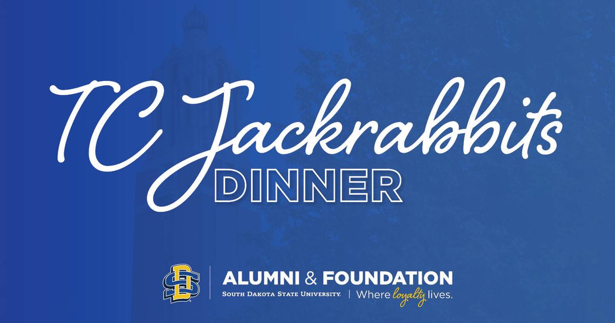 A blue event graphic with the words "TC Jackrabbits Dinner" in whtie script and the SDSU Alumni & Foundation logo below it.