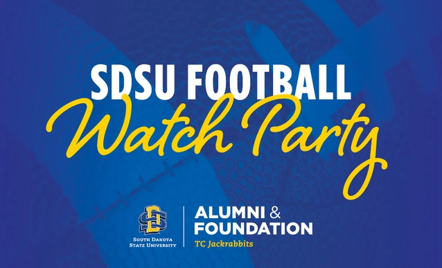 Promotional graphic for an SDSU Football Watch Party, featuring bold white and yellow lettering, blue background, and SDSU Alumni & Foundation TC Jackrabbits logo.