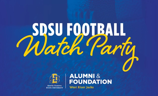 Blue SDSU Football Watch Party graphic with bold white and yellow lettering, plus the SDSU Alumni & Foundation West River Jacks logo.