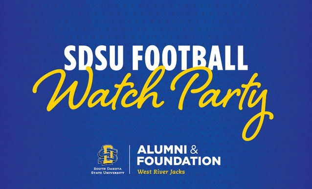Blue SDSU Football Watch Party graphic with bold white and yellow lettering, plus the SDSU Alumni & Foundation West River Jacks logo.