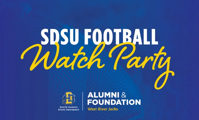 Blue SDSU Football Watch Party graphic with bold white and yellow lettering, plus the SDSU Alumni & Foundation West River Jacks logo.