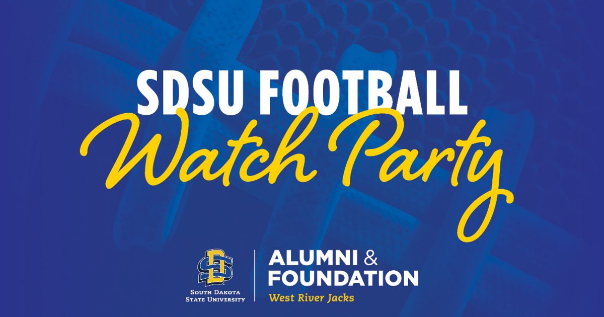 Blue SDSU Football Watch Party graphic with bold white and yellow lettering, plus the SDSU Alumni & Foundation West River Jacks logo.