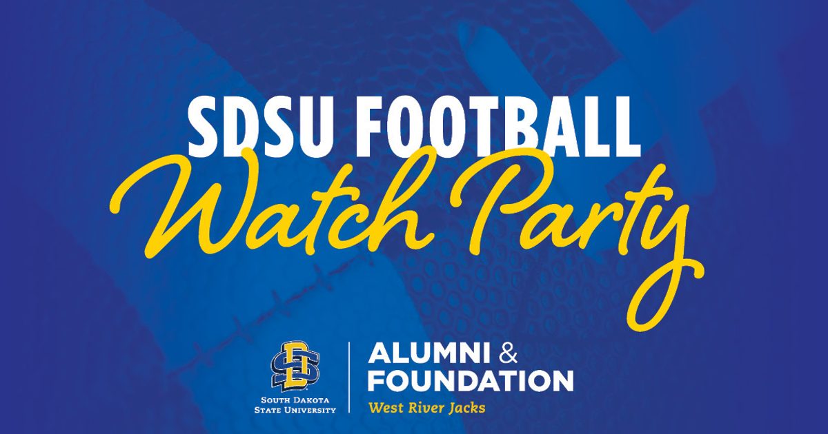 Blue SDSU Football Watch Party graphic with bold white and yellow lettering, plus the SDSU Alumni & Foundation West River Jacks logo.
