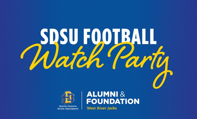 Blue SDSU Football Watch Party graphic with bold white and yellow lettering, plus the South Dakota State Alumni & Foundation logo.