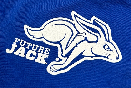 a photo of the white "Future Jack" logo on a blue baby bib