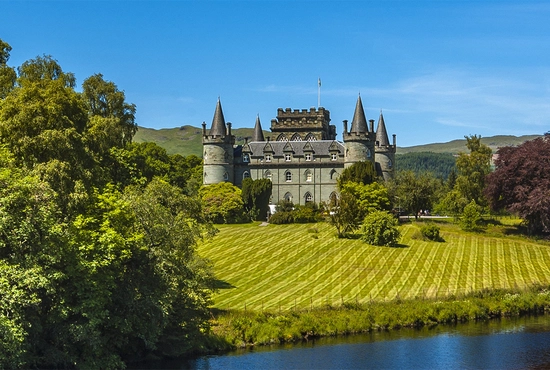 A beautiful landscape and countryside view of the Inveraray Castle.