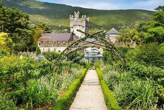 A beautiful, lucious landscape view of the Glenveagh Castle Gardens.