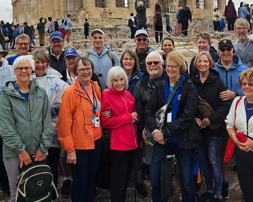 A large group of people traveling together with Jackrabbit Journeys in Greece