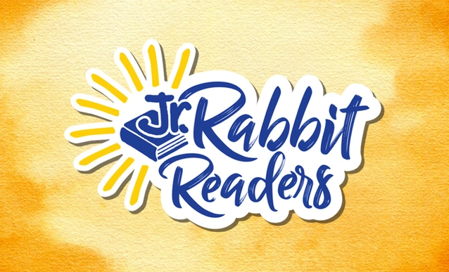 Logo with "Jr. Rabbit Readers" text in blue, featuring a stylized sun and book, set against a warm, textured yellow background.