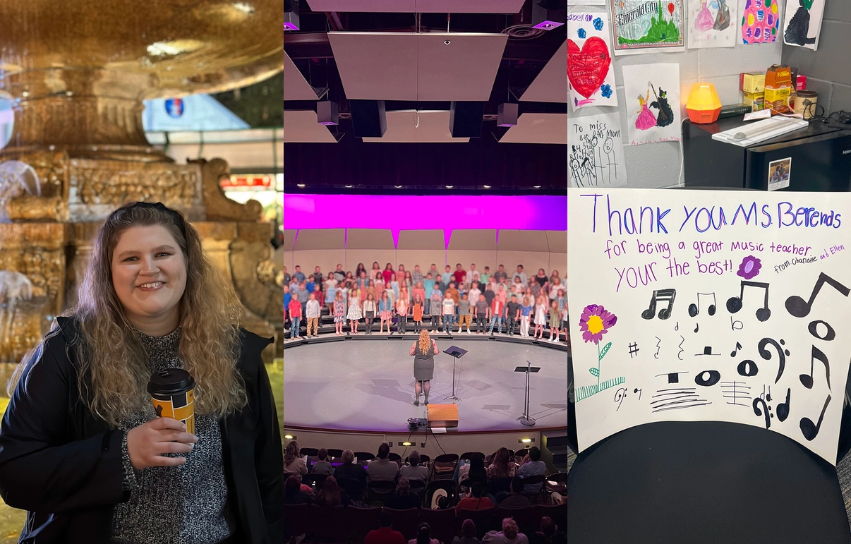 A collage of photos of a woman and a choir