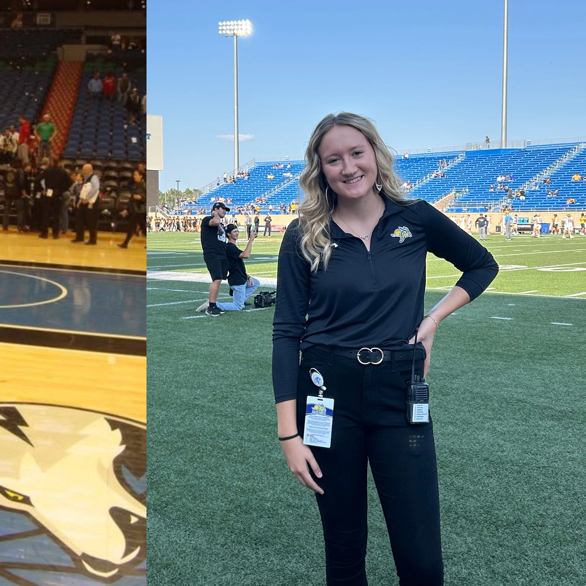 Side by side photo of Cadence when she was young, probably 7 or 8, standing with a Chicago Bulls jersey on in the middle of the MN Timberwolves court. On the other side, is her current day, working at an SDSU Football game.
