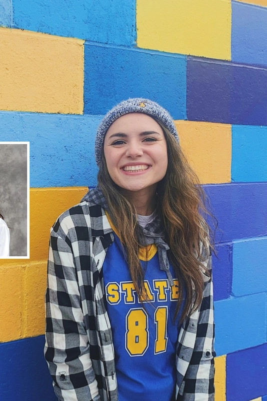 Collage of Hanna Eide that includes a photo of her wearing an SDSU football jersey infront of blue and yellow wall, a photo of her and her husband at an SDSU football game, a photo of her nursing headshot and a photo of her and her son, Baylen.