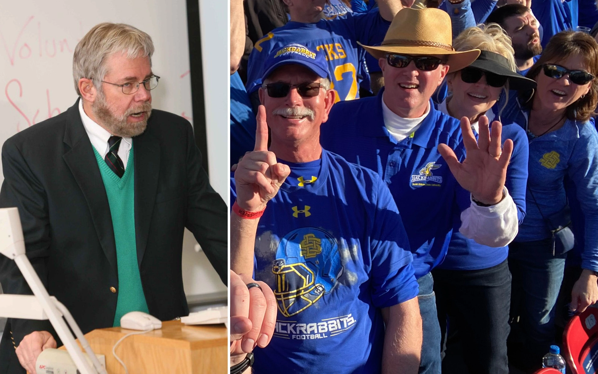 A collage of photos of a group of people in jackrabbit gear and a man speaking