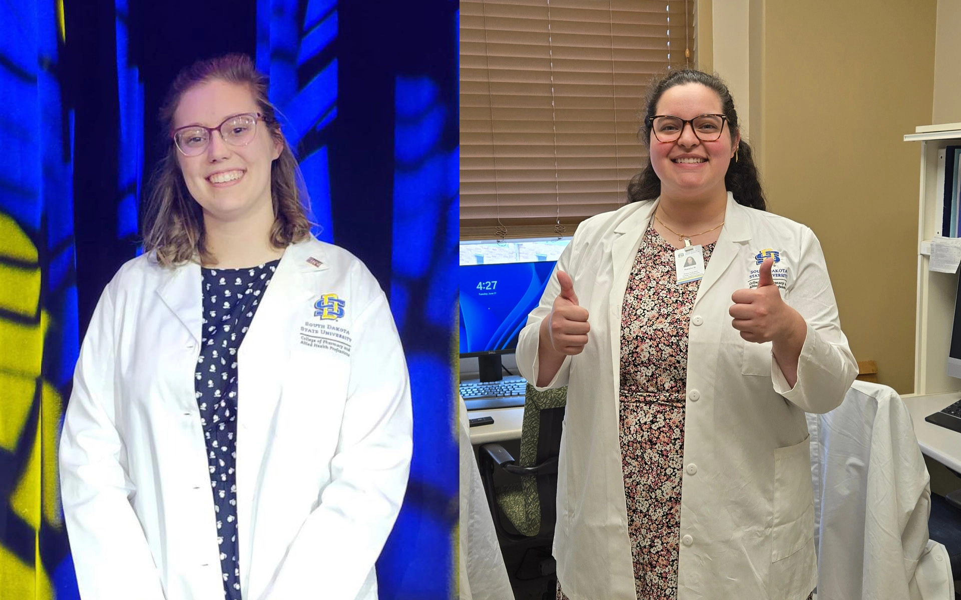 Photo 1: Emily Tisler stands proud in her pharmacy white coat. Photo 2: Natalie Nunez smiles with her thumbs up while she poses in her pharmacy white coat.