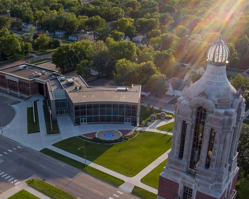 Aerial view of the Lohr Building with the Coughlin Campanile in the foreground.