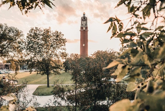 Beautiful photograph of the Coughlin Campanile, looking through green trees, with a beautiful sunset in the distance.