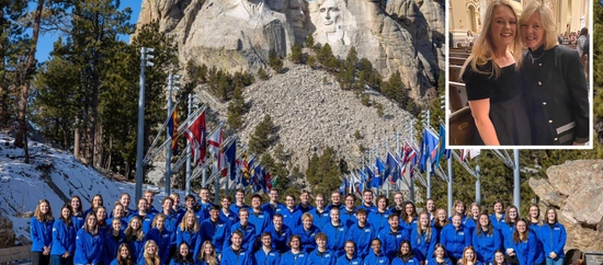 The concert choir posed in front of Mount Rushmore. Another photo of two women is in the top right corner