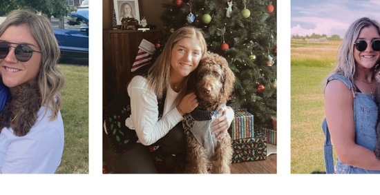 A collage of photos of a girl and her dog