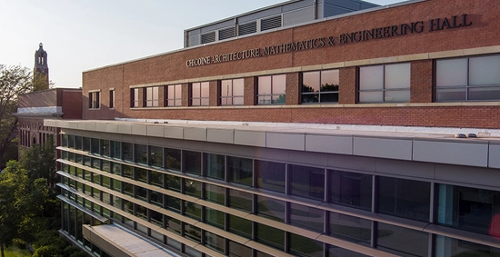 Aerial view of the Chicoine Architecture, Mathematics, and Engineering Hall with the Campanile in the distance.
