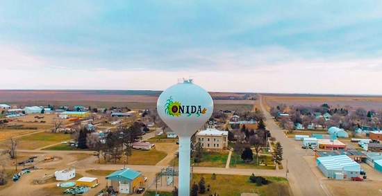 Aerial photo of Onida water tower, overlooking the town