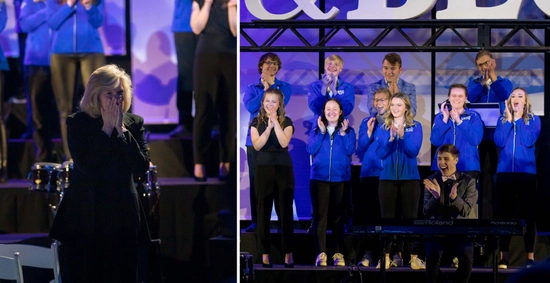 Left: Dr. Diddles expression after the announcement, with her hands over her mouth in excitement. Right: Multiple choir members react to the news, clapping and cheering.
