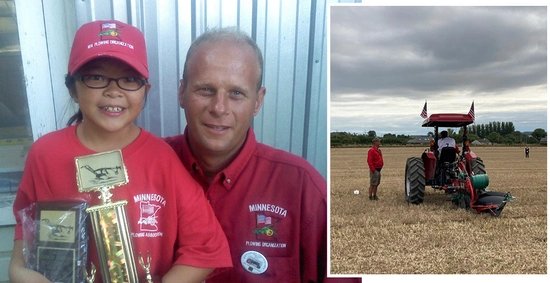 A young Hailey Gruber smiles with her dad, holding a trophy. This collage also includes a photo for Hailey during a competitive ploughing competition.