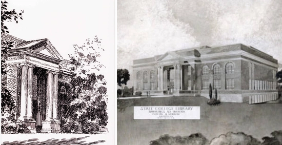 Line drawing and architect drawing of Lincoln Memorial Library