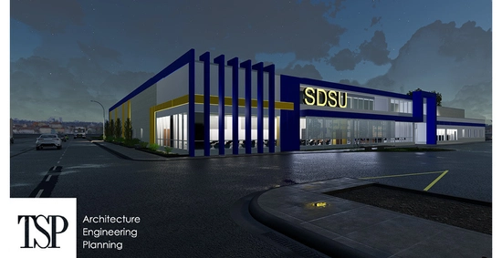 A rendering of the SDSU Metro Center in Sioux Falls at night time.