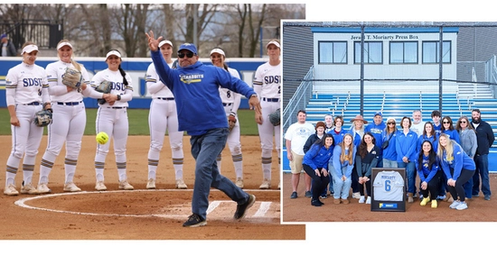 Left photo: Kevin Moriarty throws the first pitch of an SDSU softball game, while Jackrabbit players watch in the background. Right photo: the Moriarty family and some members of the SDSU softball team with the Jerald T. Moriarty Press Box behind them.