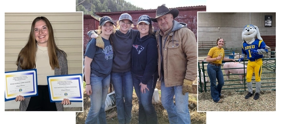 collage of photos of abby bruns: holding scholarship certificates, with her family, and with jack the jackrabbit