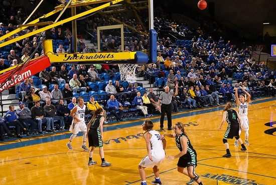 Photo of men's basketball players in Frost Arena during a game with a full crowd