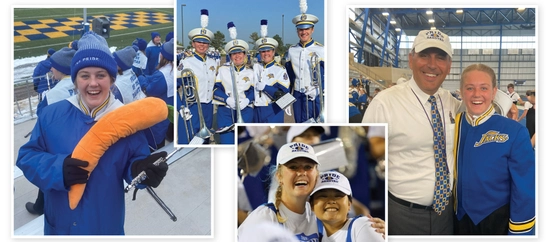 A collage of 4 photos of action shots of the Pride of the Dakotas