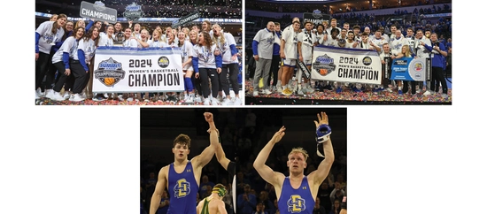 collage of celebratory wins for SDSU teams