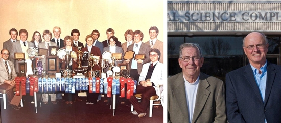 Left photo: A team photo of the Livestock Judging team from 1985 when Dan Gee helped coach. Right photo: Dr. Paul Kohler and Dan Gee smile, standing next to each other in front of the Animal Science Complex at SDSU.