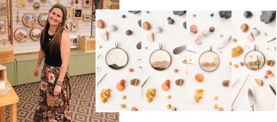 Grace smiles in her art show booth, with a close up image of her artwork clay necklaces