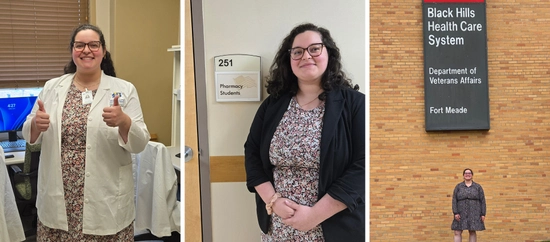 Photo 1: Natalie Nunez stands in her pharmacy white coat with two thumbs up and smiling. Photo 2: Natalie Nunez stands next to a sign that says "Pharmacy Students." Photo 3: Natalie Nunez stands smiling infront of the sign outside of the Black Hills Health Care Systems buiding.